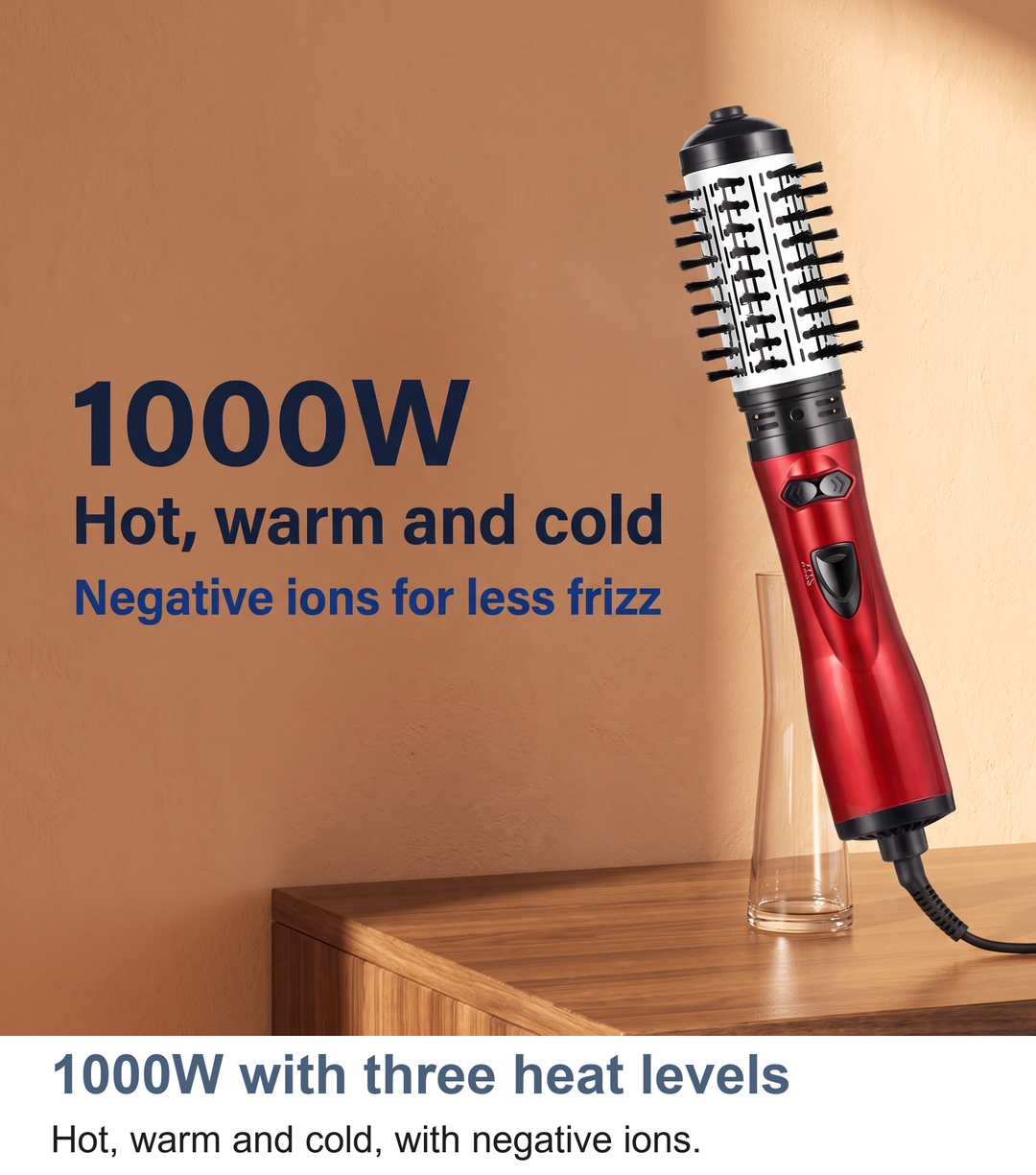 Rotating hot air brush with its 1000W, three heat level stat