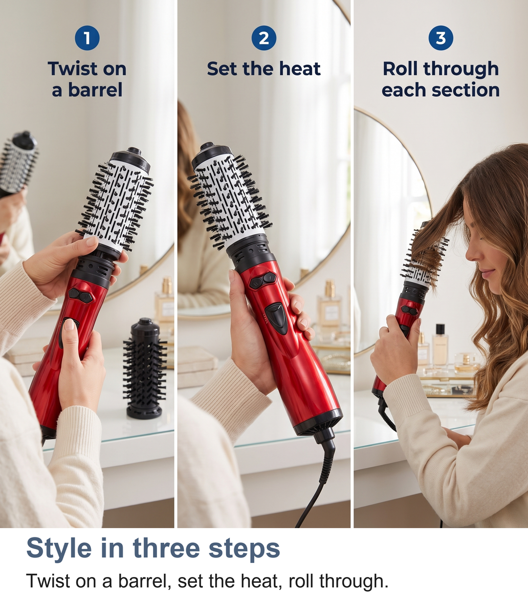 Three steps to style with the rotating hot air brush: twist on a barrel, set the heat, roll through