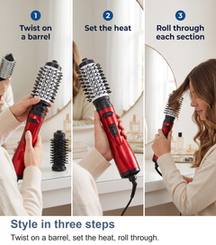 Three steps to style with the rotating hot air brush: twist on a barrel, set the heat, roll through