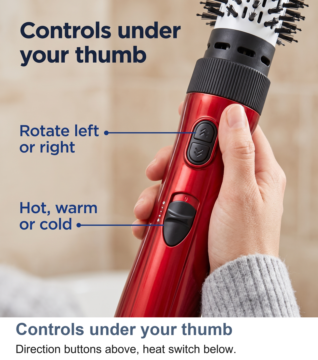 Macro of the direction and heat controls under the thumb on the rotating hot air brush