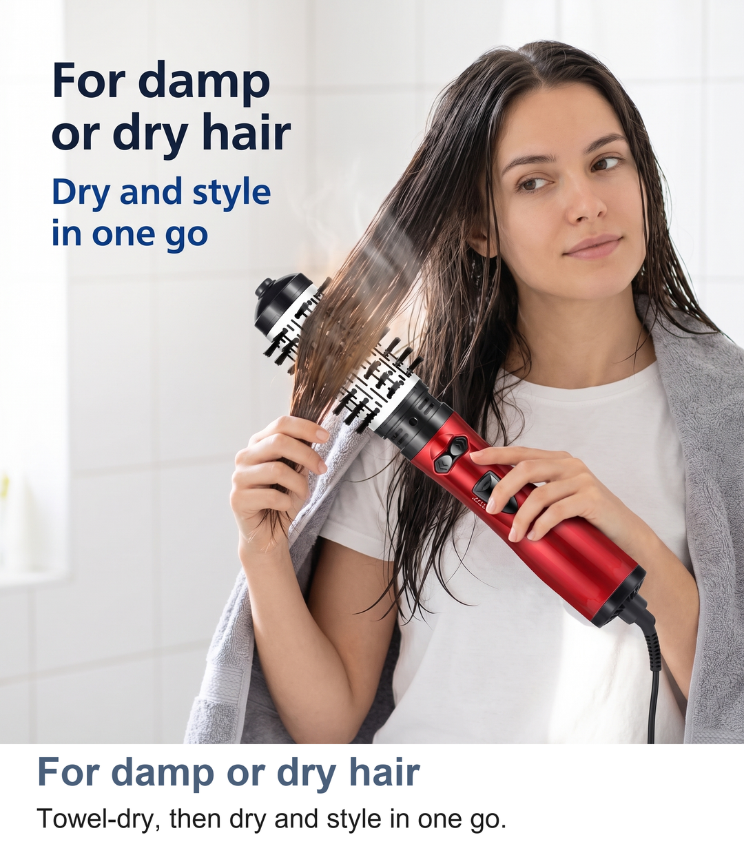 Rotating hot air brush used on damp or dry hair