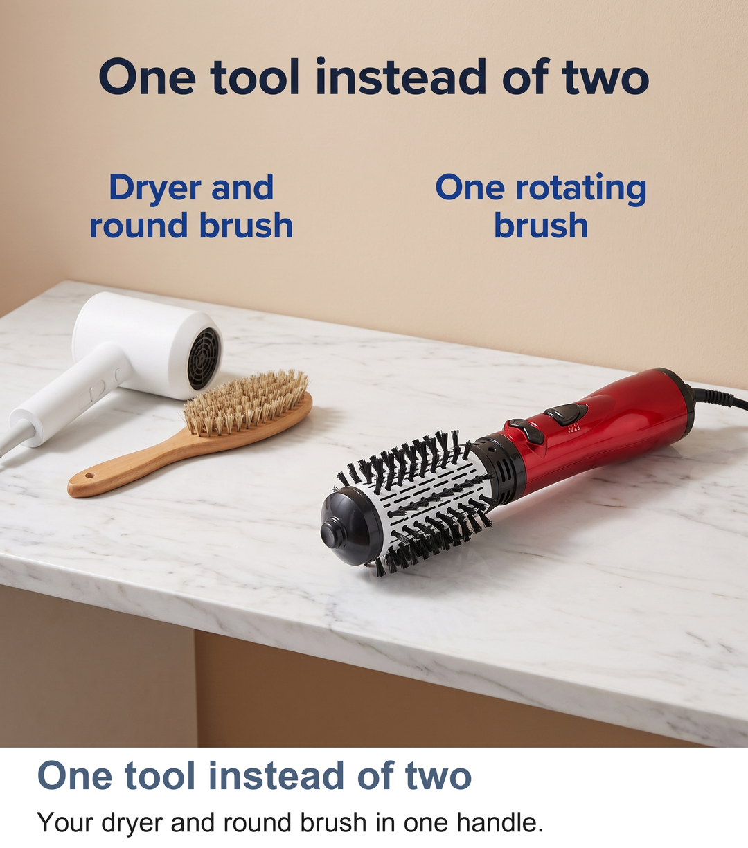 Rotating hot air brush shown as one tool instead of a separate dryer and round brush