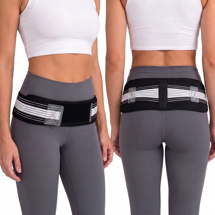 Adjustable sacroiliac support belt worn low on the hips, front and back