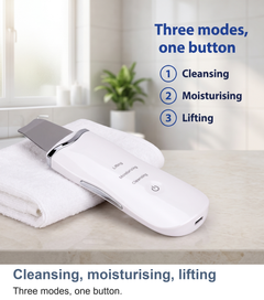 The ultrasonic skin scrubber's three modes listed: Cleansing, Moisturising, Lifting