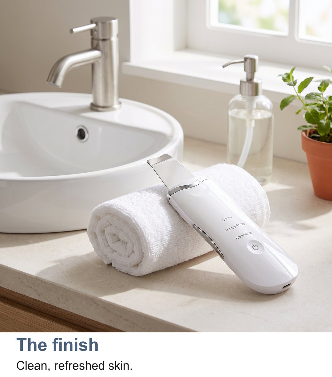 Woman at a basin with clean, refreshed skin after using the ultrasonic skin scrubber