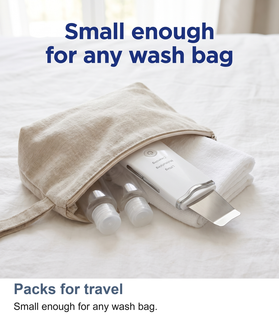 Ultrasonic skin scrubber packed in a wash bag for travel