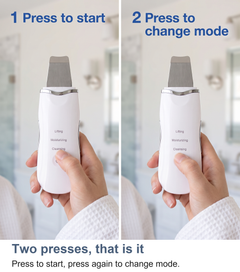 Two hands pressing the button on the ultrasonic skin scrubber to start and change modes