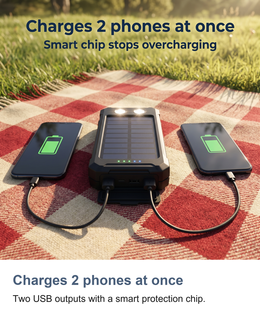Solar power bank: Charges 2 phones at once