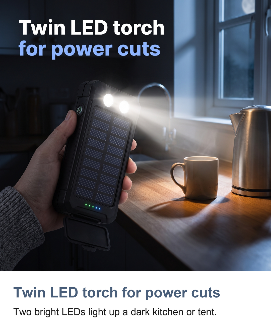 Solar power bank: Twin LED torch for power cuts