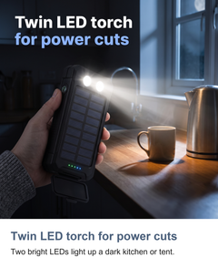 Solar power bank: Twin LED torch for power cuts
