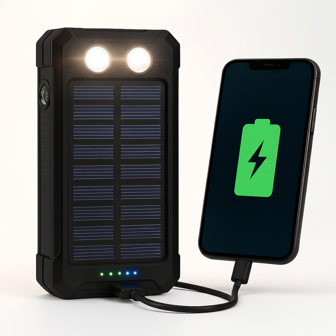 Black solar power bank 50000mAh with twin LED torch charging a phone