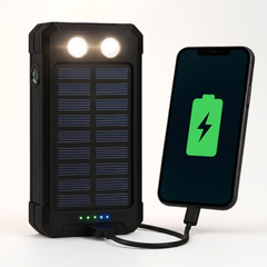 Black solar power bank 50000mAh with twin LED torch charging a phone
