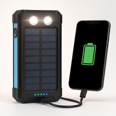 Blue solar power bank 50000mAh with blue side grips and twin LED torch charging a phone