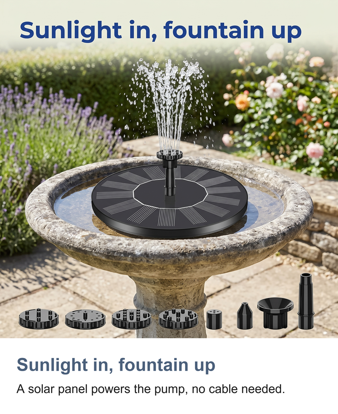 Sunlight in, fountain up: A solar panel powers the pump, no cable needed.