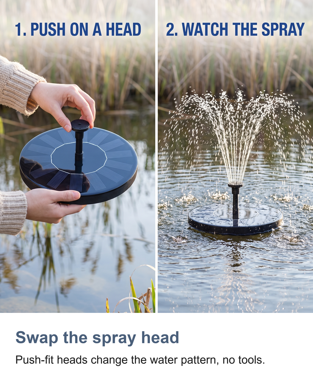 Swap the spray head: Push-fit heads change the water pattern, no tools.