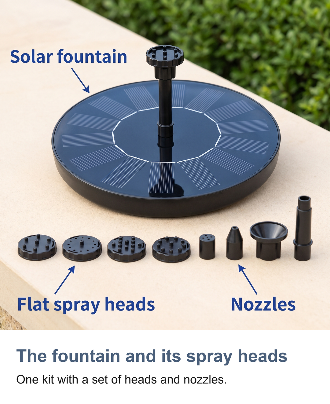 The fountain and its spray heads: One kit with a set of heads and nozzles.