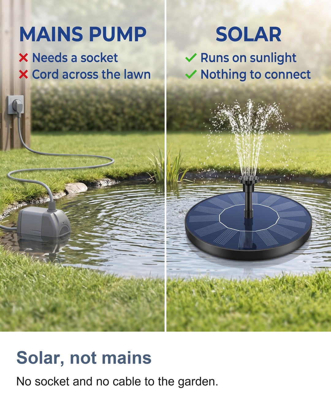Solar, not mains: No socket and no cable to the garden.