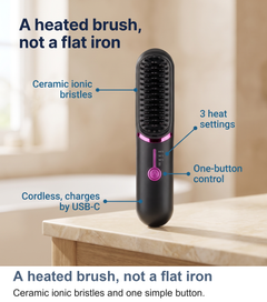 Labelled view of the heated straightening brush showing the ceramic ionic bristles and one-button control