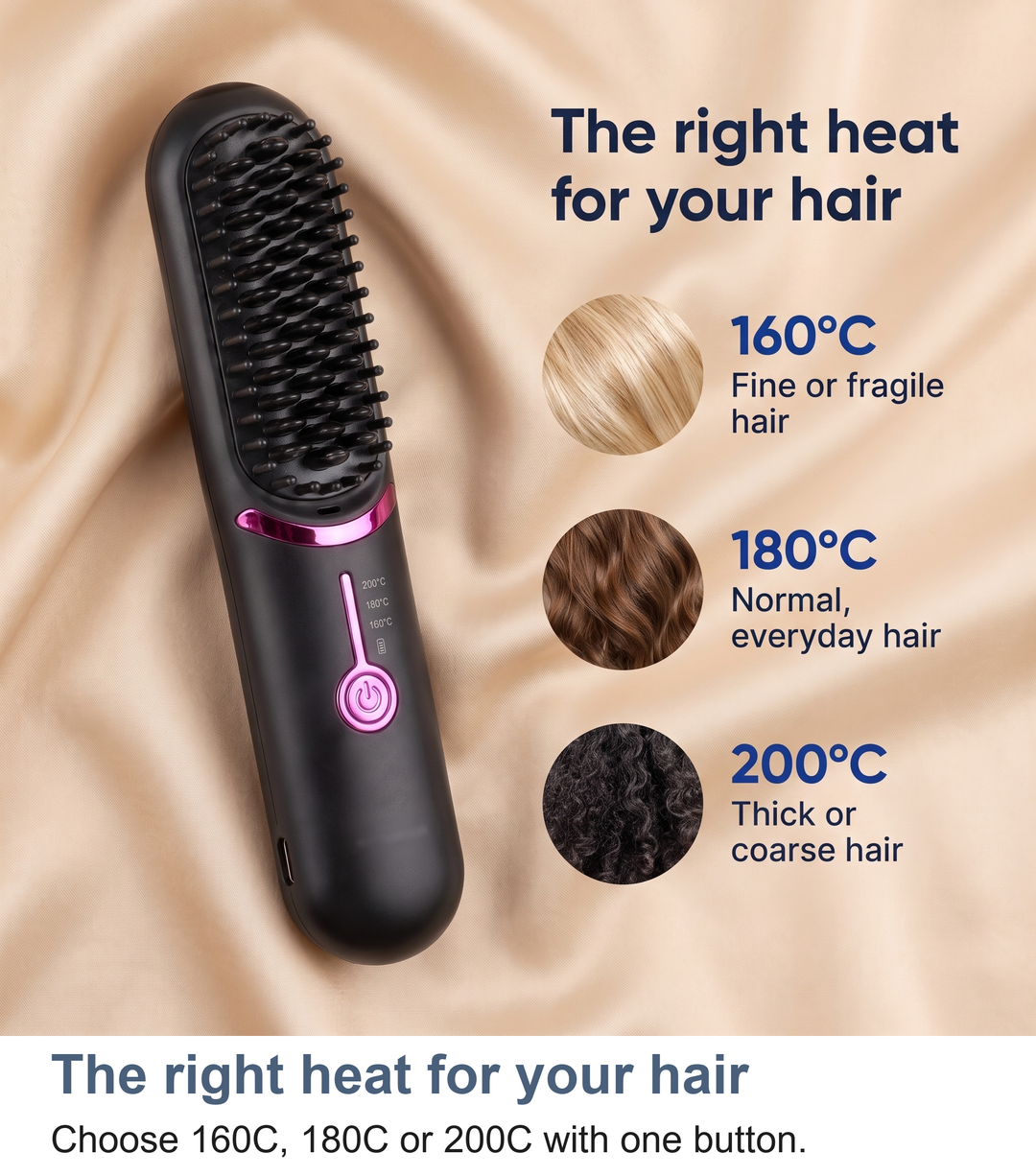 Heated straightening brush with its three heat settings, 160C, 180C and 200C