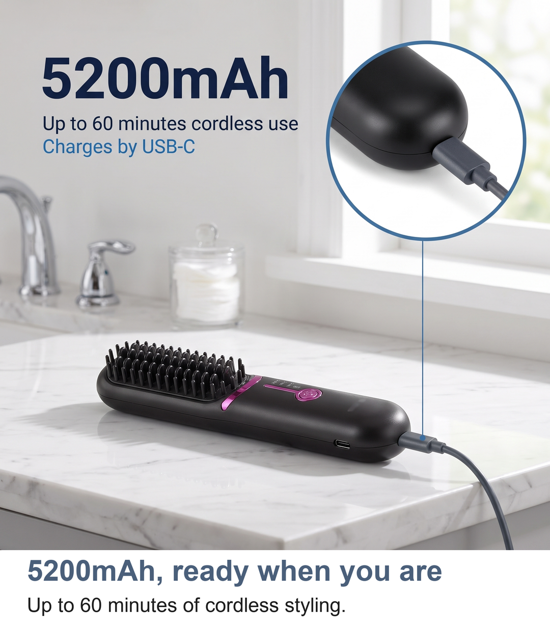 Heated straightening brush with its 5200mAh cordless battery stat