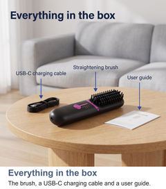 Everything in the box: the heated straightening brush, USB-C cable and user guide
