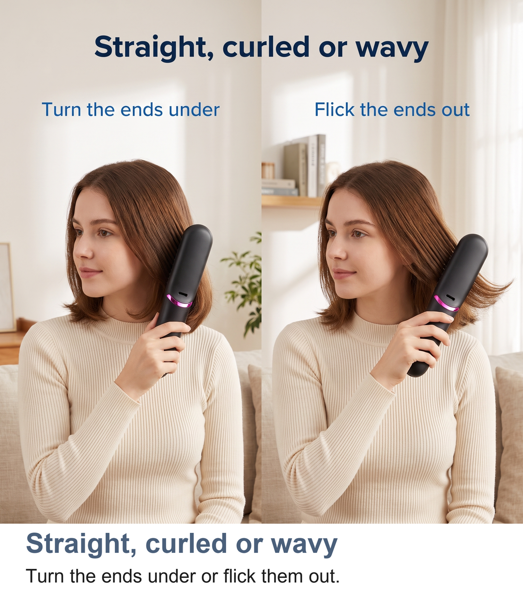 Hair styled straight, curled or wavy with the heated straightening brush