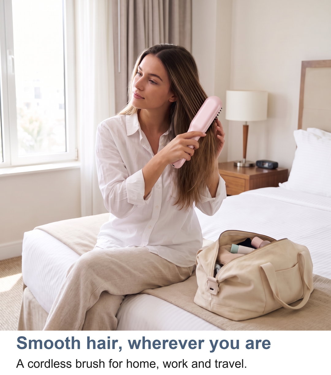 Pink heated straightening brush used at home, work or while travelling