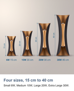Four sizes, 15 cm to 40 cm: Small 6W, Medium 10W, Large 20W, Extra Large 30W.