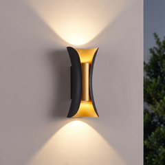 Curved up and down outdoor wall light in black and gold