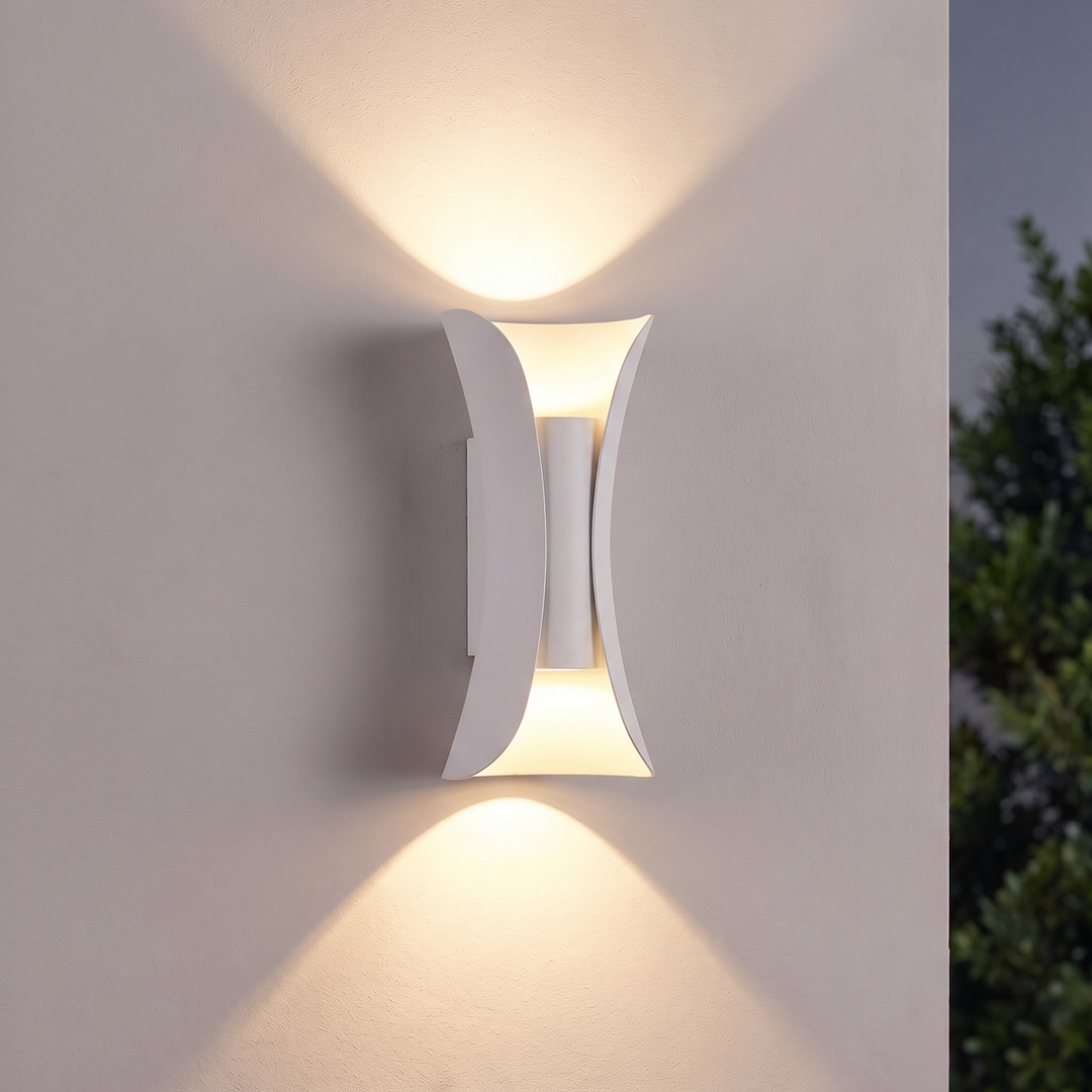 Curved up and down outdoor wall light in white