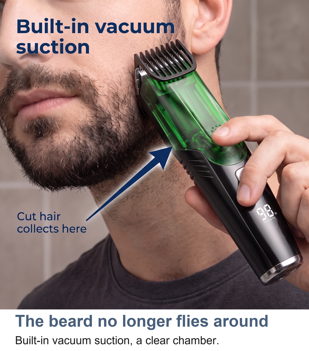 Vacuum suction hair clipper in use, showing cut hair pulled into the clear chamber