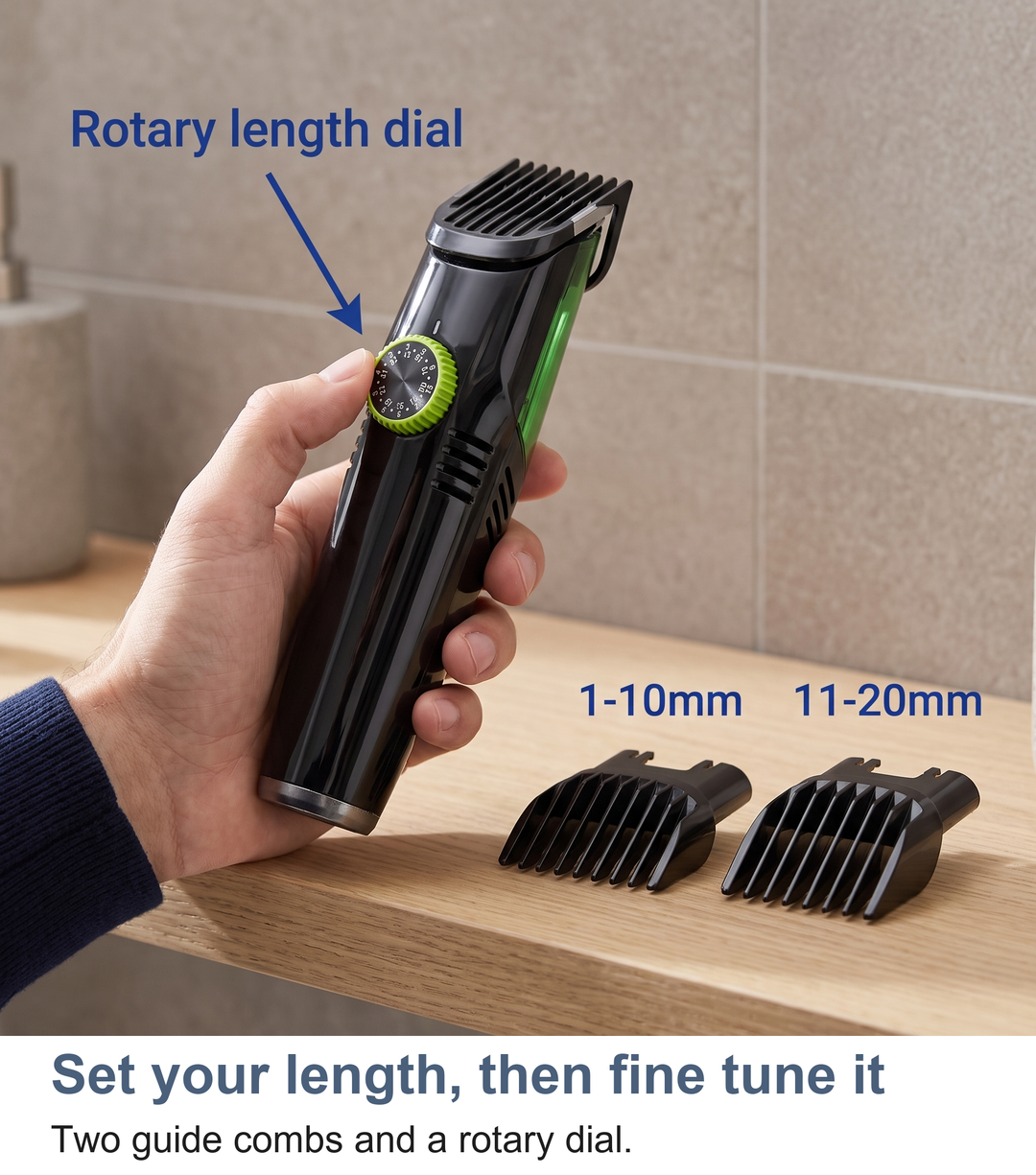 Hand setting the rotary dial on the vacuum hair clipper with its two guide combs
