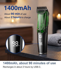 Vacuum hair clipper with its 1400mAh battery stat and LED battery display