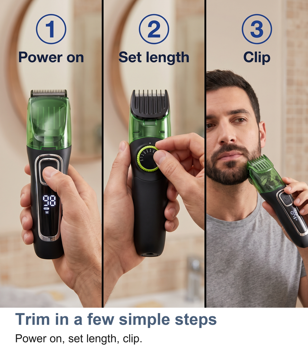 Three steps to use the vacuum hair clipper: turn on, set length, clip