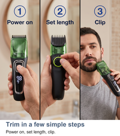Three steps to use the vacuum hair clipper: turn on, set length, clip