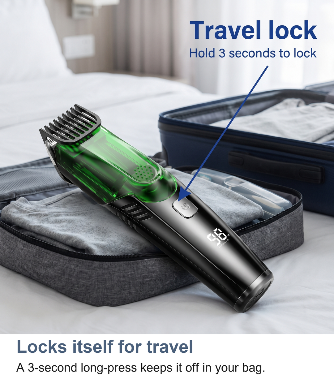 Vacuum hair clipper locked for travel in a wash bag