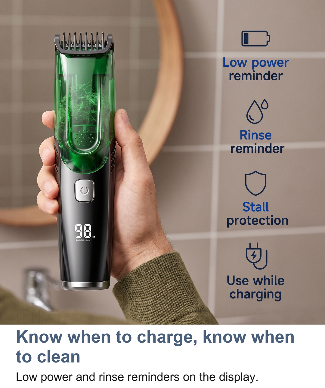 Close up of the vacuum hair clipper's display showing low power and rinse reminders