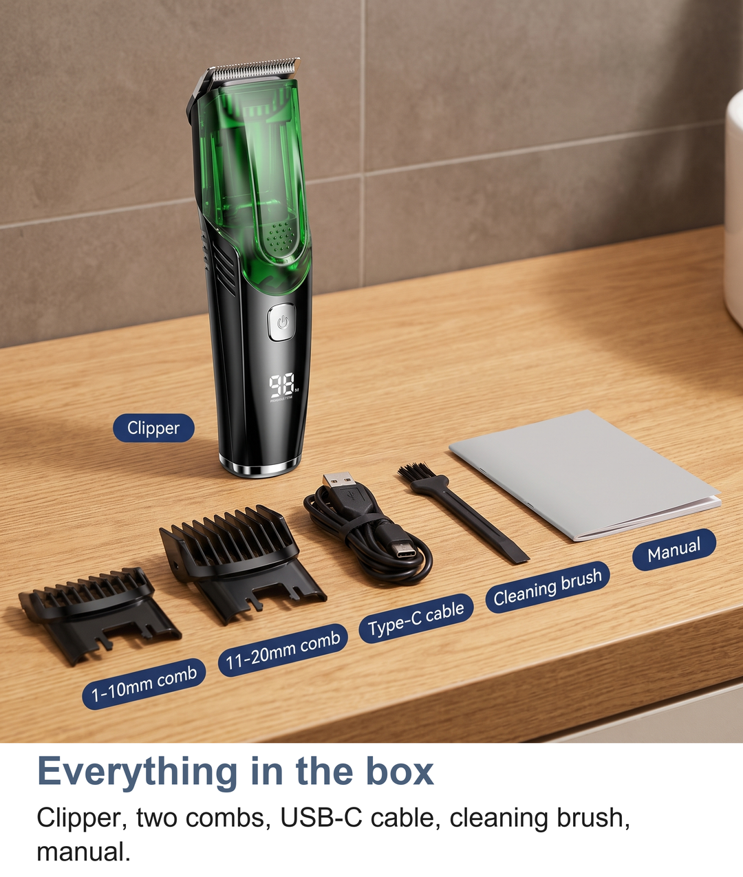 Everything in the box: vacuum hair clipper, two guide combs, USB-C cable, cleaning brush and manual