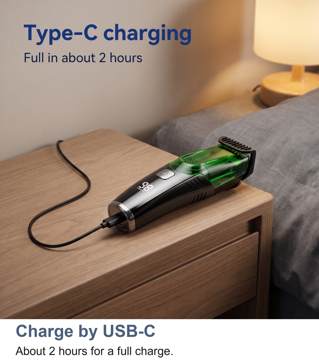 Vacuum hair clipper charging by USB-C beside a bed