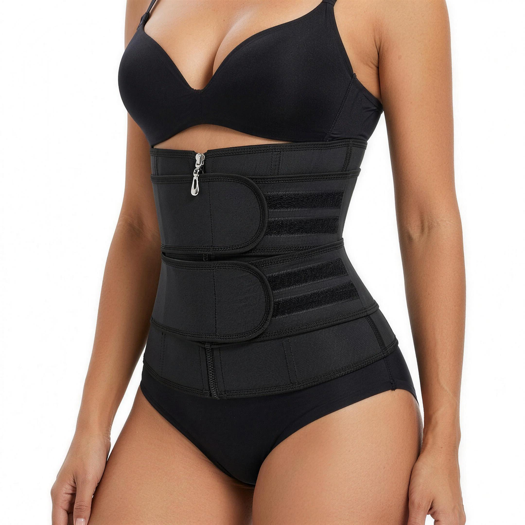 Woman wearing the black double zip waist trainer with two velcro straps