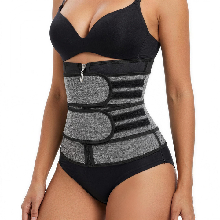 Woman wearing the grey double zip waist trainer with two velcro straps